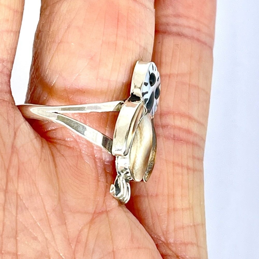 Zuni Inlay Barn Owl Ring Sz 8 Turquoise Signed Sterling Native Native America - Picture 4 of 6